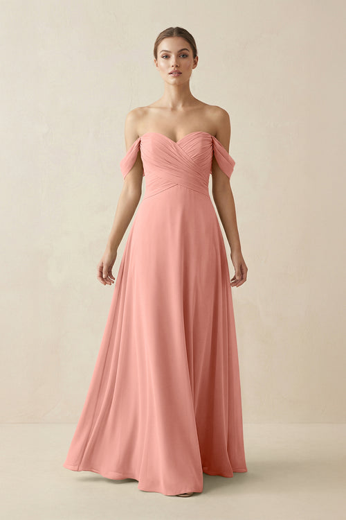 Rosette A-Line Off-the-Shoulder Chiffon Bridesmaid Dress | KISSBRIDAL