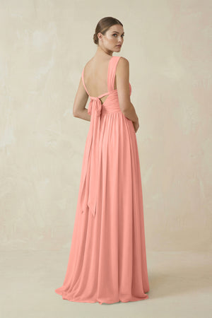 Rosette A-Line Pleated Chiffon Long Bridesmaid Dress (2) | KISSBRIDAL