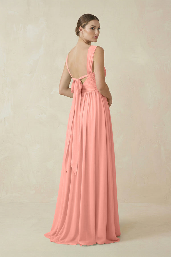 Rosette A-Line Pleated Chiffon Long Bridesmaid Dress (2) | KISSBRIDAL