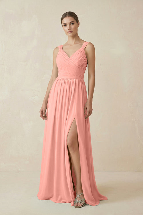 Rosette A-Line Pleated Chiffon Long Bridesmaid Dress | KISSBRIDAL