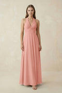 Rosette A-Line Pleated Chiffon V-Neck Bridesmaid Dress | KISSBRIDAL