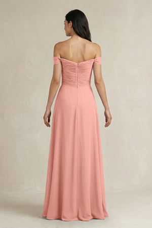 Rosette A-Line Pleated Off-the-Shoulder Chiffon Bridesmaid Dress (2) | KISSBRIDAL
