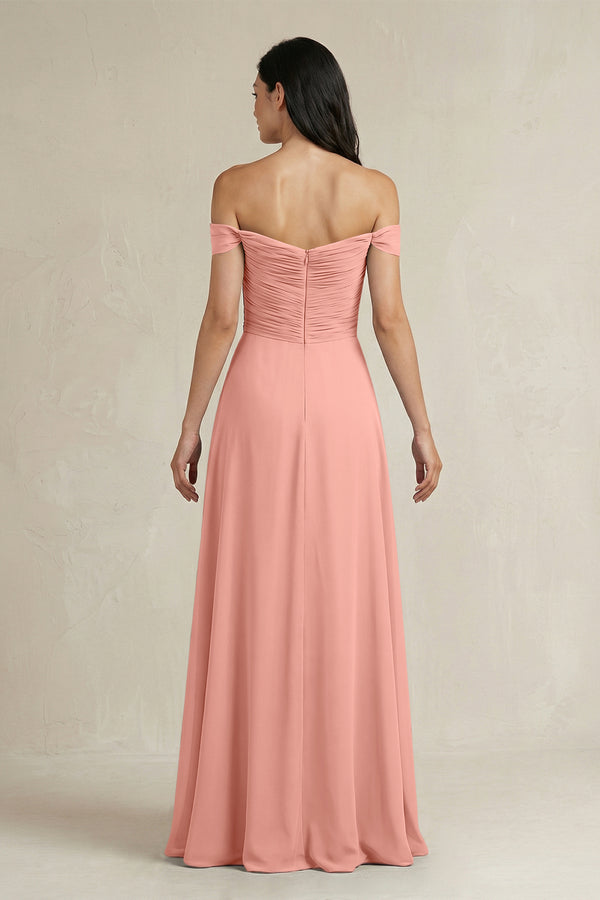 Rosette A-Line Pleated Off-the-Shoulder Chiffon Bridesmaid Dress (2) | KISSBRIDAL