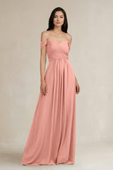 Rosette A-Line Pleated Off-the-Shoulder Chiffon Bridesmaid Dress | KISSBRIDAL