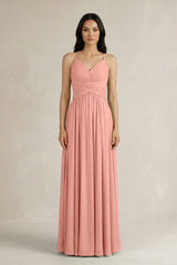 Rosette A-Line Pleated Spaghetti Strap Chiffon Bridesmaid Dress | KISSBRIDAL