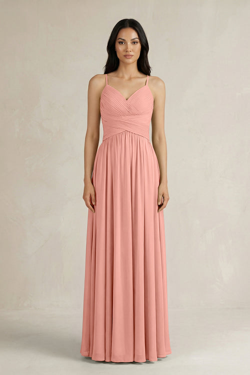 Rosette A-Line Pleated Spaghetti Strap Chiffon Bridesmaid Dress | KISSBRIDAL