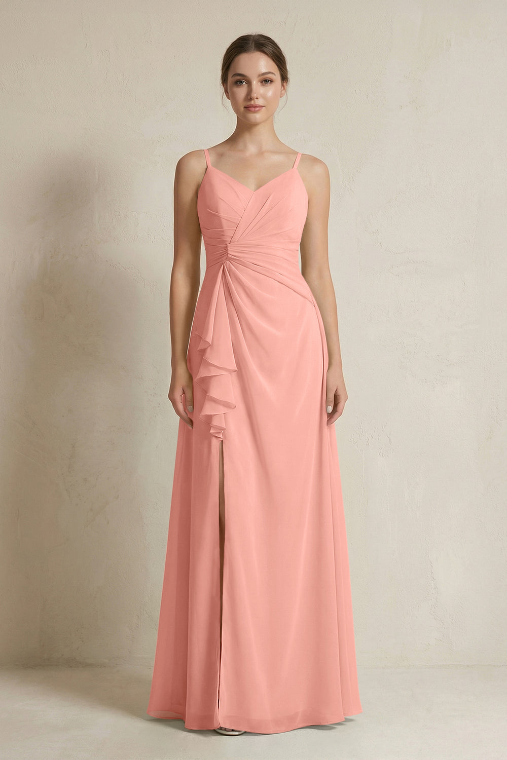 A-Line Ruffled Spaghetti Strap Chiffon Bridesmaid Dress in Rosette