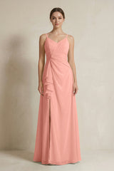 Rosette A-Line Ruffled Spaghetti Strap Chiffon Bridesmaid Dress | KISSBRIDAL
