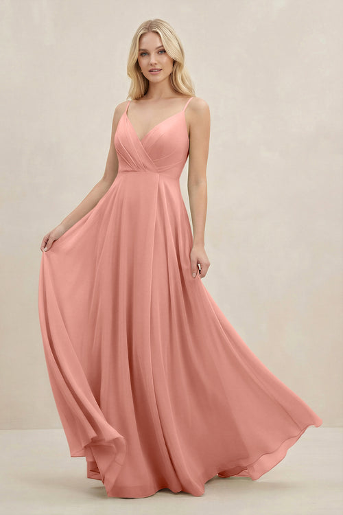 Rosette A-Line Spaghetti Strap Chiffon Bridesmaid Dress | KISSBRIDAL