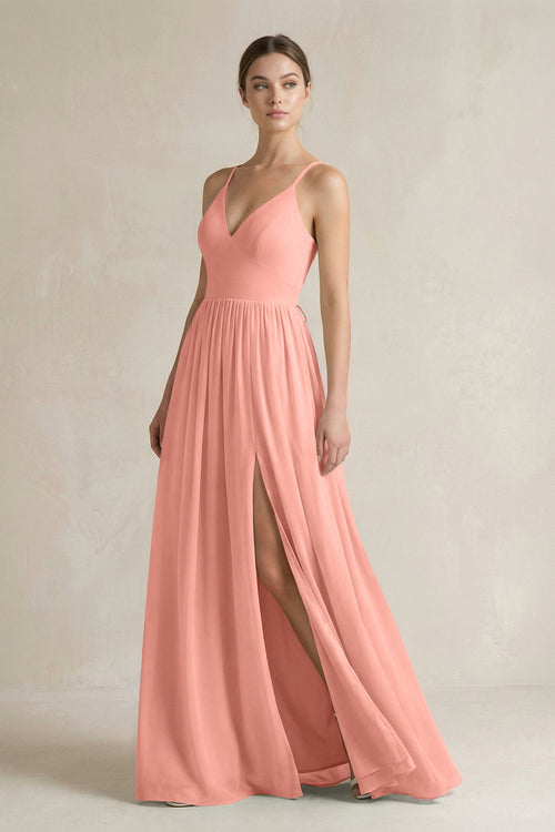 Rosette A-Line Spaghetti Strap Chiffon Bridesmaid Dress | KISSBRIDAL