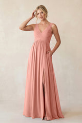 Rosette A-Line V-Neck Pleated Chiffon Bridesmaid Dress | KISSBRIDAL