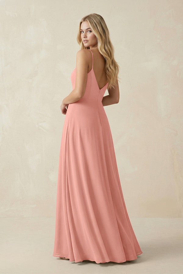 Rosette Cami Strap A-Line Chiffon Bridesmaid Dress with Slit (2) | KISSBRIDAL
