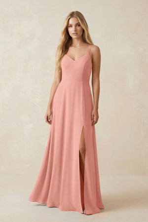 Rosette Cami Strap A-Line Chiffon Bridesmaid Dress with Slit | KISSBRIDAL