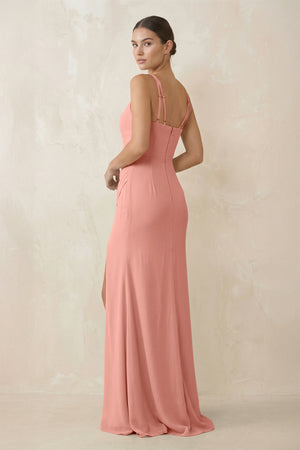 Rosette Cami Strap Chiffon Sheath Bridesmaid Gown (2) | KISSBRIDAL