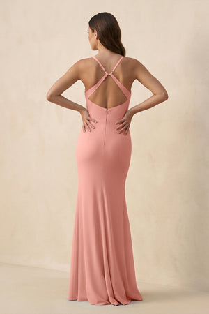 Rosette Cami Strap Sheath Chiffon Bridesmaid Dress with Slit (2) | KISSBRIDAL