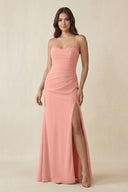 Rosette Cami Strap Sheath Chiffon Bridesmaid Dress with Slit | KISSBRIDAL