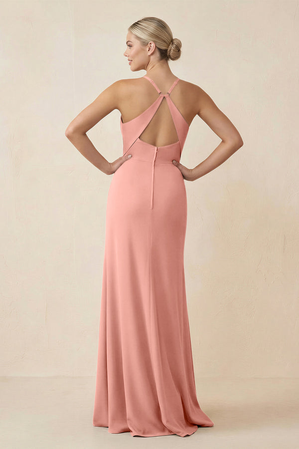 Rosette Cami Strap Sheath Ruched Bridesmaid Dress With Slit (2) | KISSBRIDAL