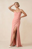 Rosette Cami Strap Sheath Ruched Bridesmaid Dress With Slit | KISSBRIDAL