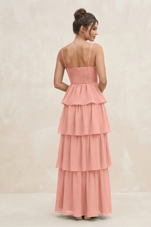 Rosette Cami Strap Tiered A-Line Chiffon Bridesmaid Dress (2) | KISSBRIDAL