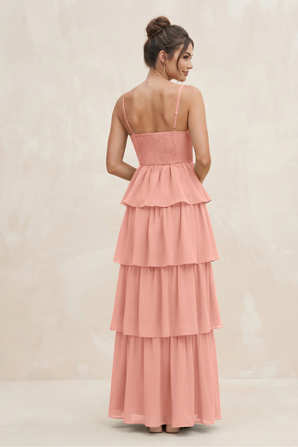 Rosette Cami Strap Tiered A-Line Chiffon Bridesmaid Dress (2) | KISSBRIDAL