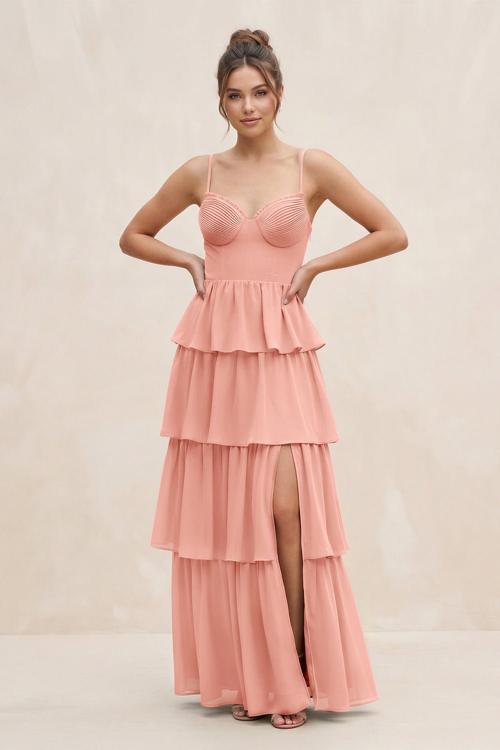 Cami Strap Tiered A-Line Chiffon Bridesmaid Dress in Rosette