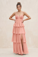 Rosette Cami Strap Tiered A-Line Chiffon Bridesmaid Dress | KISSBRIDAL