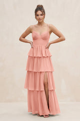 Rosette Cami Strap Tiered A-Line Chiffon Bridesmaid Dress | KISSBRIDAL