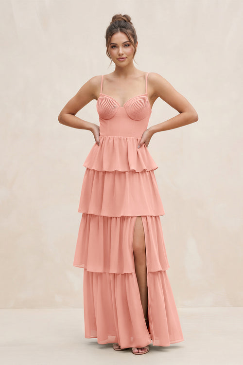 Rosette Cami Strap Tiered A-Line Chiffon Bridesmaid Dress | KISSBRIDAL