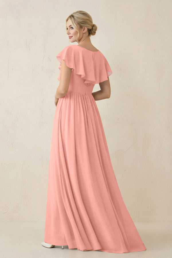 Rosette Cap Sleeve A-Line Ruffled Chiffon Bridesmaid Dress (2) | KISSBRIDAL