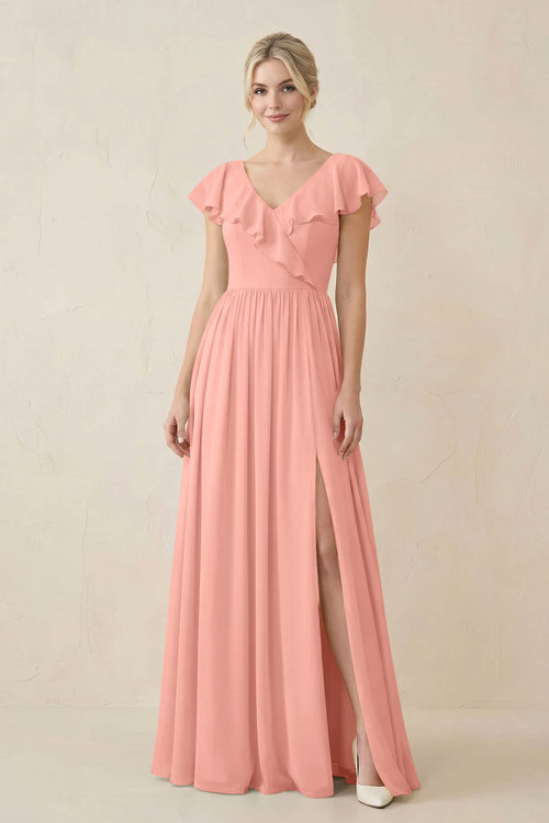 Rosette Cap Sleeve A-Line Ruffled Chiffon Bridesmaid Dress | KISSBRIDAL