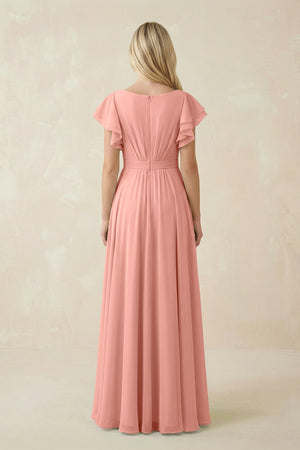 Rosette Cap Sleeve Ruffled A-Line Chiffon Bridesmaid Dress (2) | KISSBRIDAL