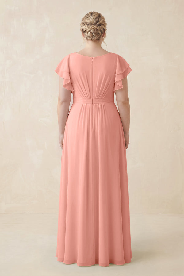 Rosette Cap Sleeve Ruffled A-Line Chiffon Bridesmaid Dress (2) | KISSBRIDAL