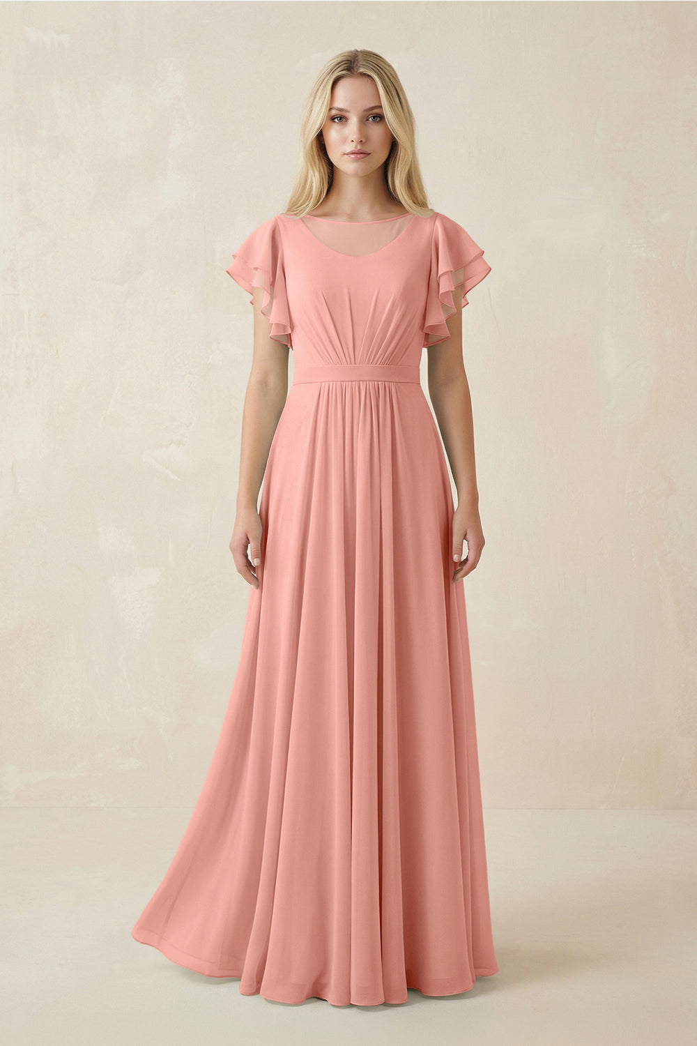 Cap Sleeve Ruffled A-Line Chiffon Bridesmaid Dress in Rosette