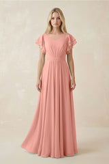 Rosette Cap Sleeve Ruffled A-Line Chiffon Bridesmaid Dress | KISSBRIDAL