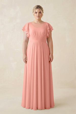 Rosette Cap Sleeve Ruffled A-Line Chiffon Bridesmaid Dress | KISSBRIDAL