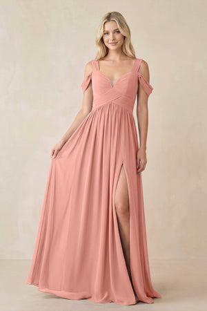 Rosette Chiffon A-Line Bridesmaid Dress with Slit | KISSBRIDAL