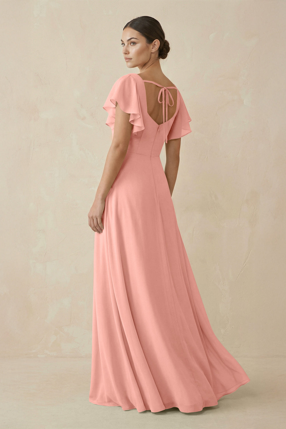 Chiffon A-Line Long Bridesmaid Dress with Flutter Sleeves in Rosette