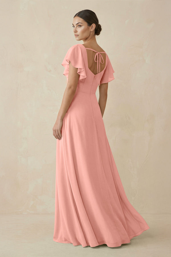 Rosette Chiffon A-Line Long Bridesmaid Dress with Flutter Sleeves (2) | KISSBRIDAL