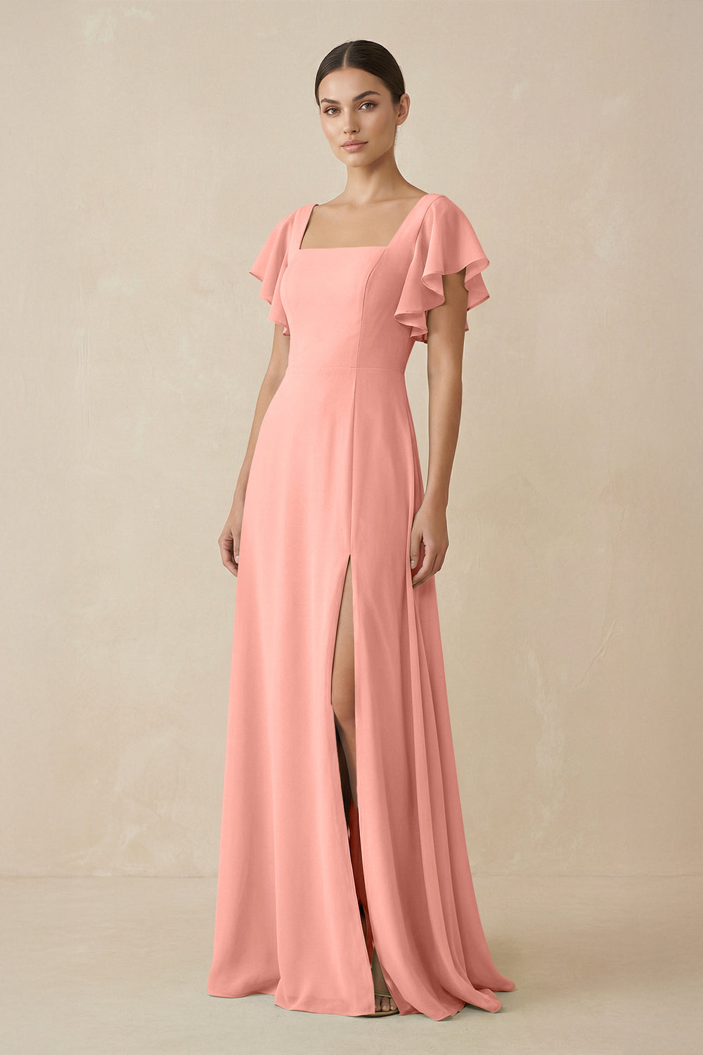 Chiffon A-Line Long Bridesmaid Dress with Flutter Sleeves in Rosette