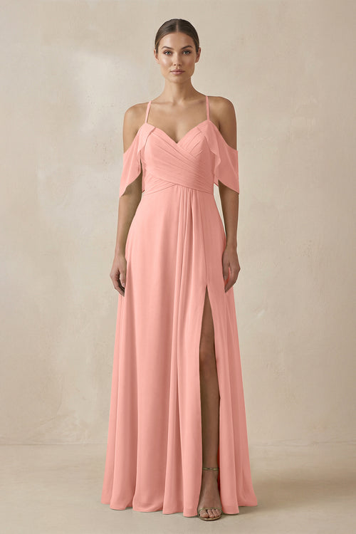 Rosette Chiffon A-Line Long Bridesmaid Dress | KISSBRIDAL