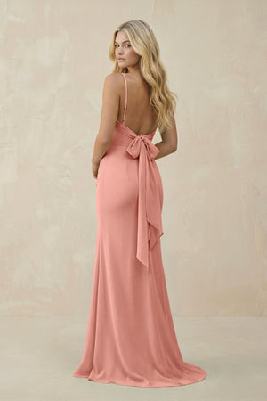 Rosette Cowl Neck Sheath Chiffon Bridesmaid Dress with Corset (2) | KISSBRIDAL