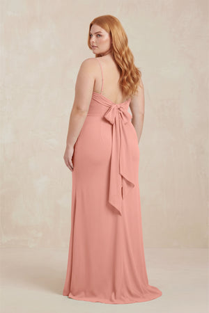 Rosette Cowl Neck Sheath Chiffon Bridesmaid Dress with Corset (2) | KISSBRIDAL