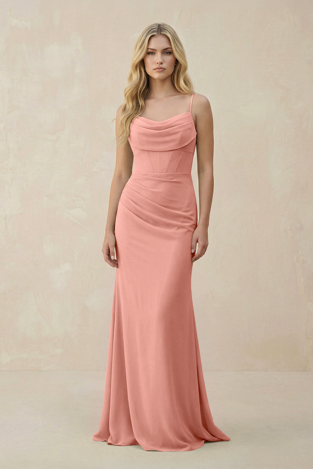 Cowl Neck Sheath Chiffon Bridesmaid Dress with Corset in Rosette