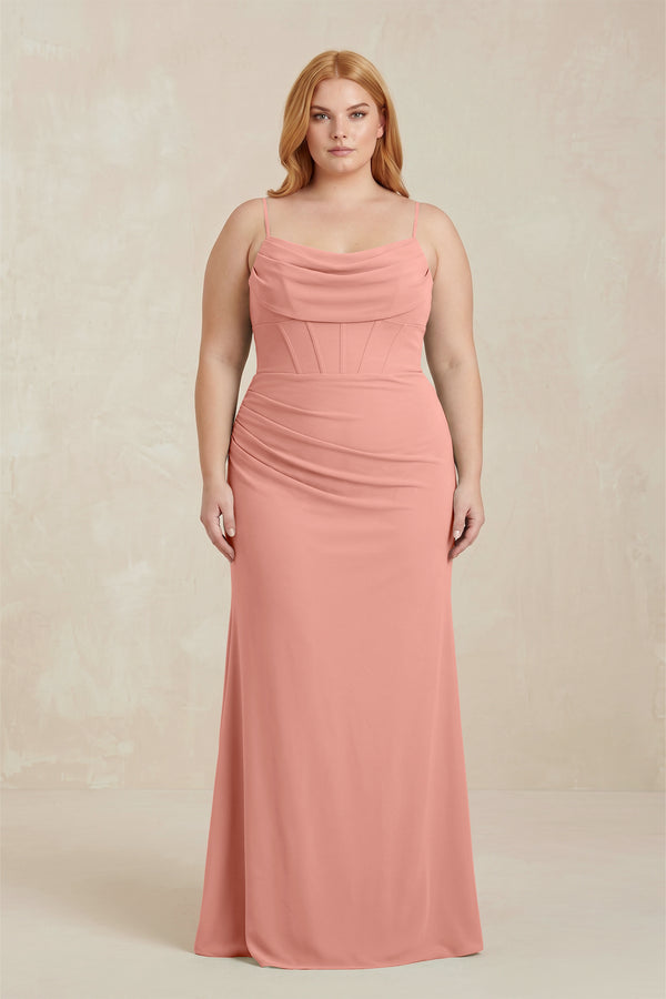 Rosette Cowl Neck Sheath Chiffon Bridesmaid Dress with Corset | KISSBRIDAL