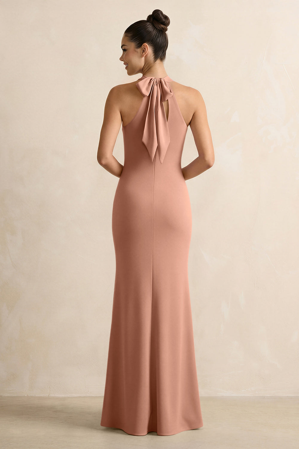 Crisscross Halter Sheath Satin Bridesmaid Dress with Bow in Rosette