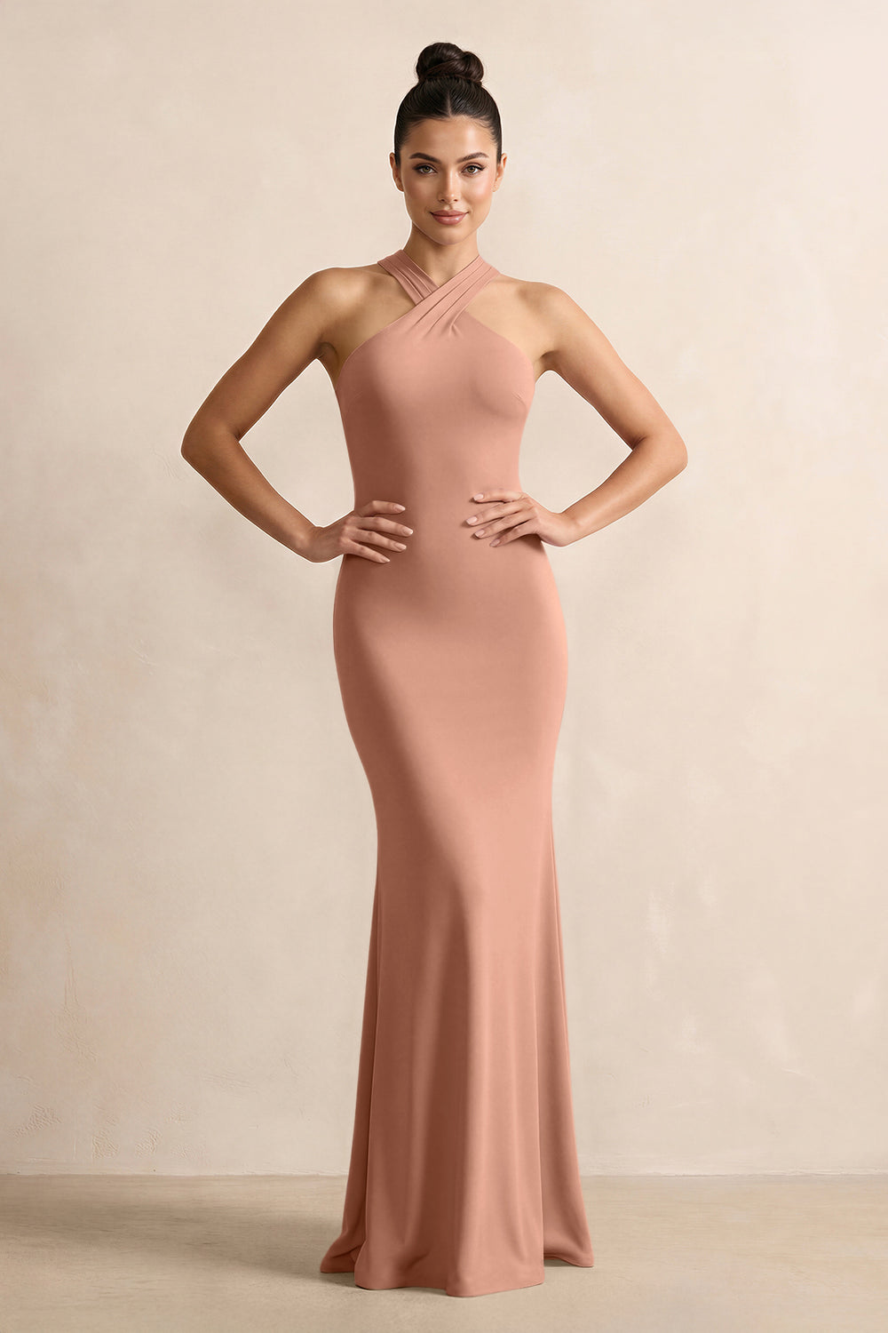 Crisscross Halter Sheath Satin Bridesmaid Dress with Bow in Rosette