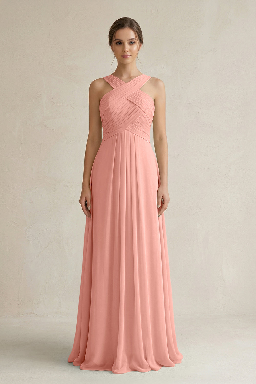 Cross Halter Chiffon A-Line Pleated Bridesmaid Dress in Rosette
