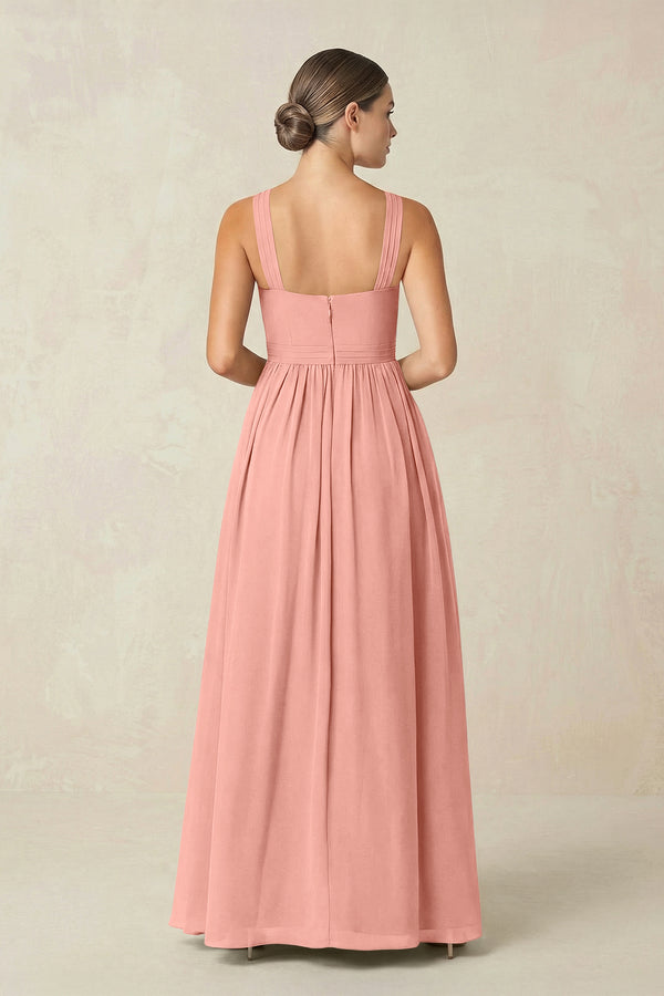 Rosette Cross Halter Neck Chiffon A-Line Bridesmaid Dress With Slit (2) | KISSBRIDAL