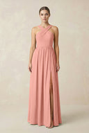 Rosette Cross Halter Neck Chiffon A-Line Bridesmaid Dress With Slit | KISSBRIDAL