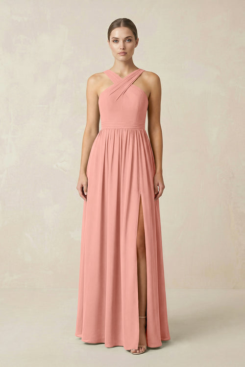 Rosette Cross Halter Neck Chiffon A-Line Bridesmaid Dress With Slit | KISSBRIDAL